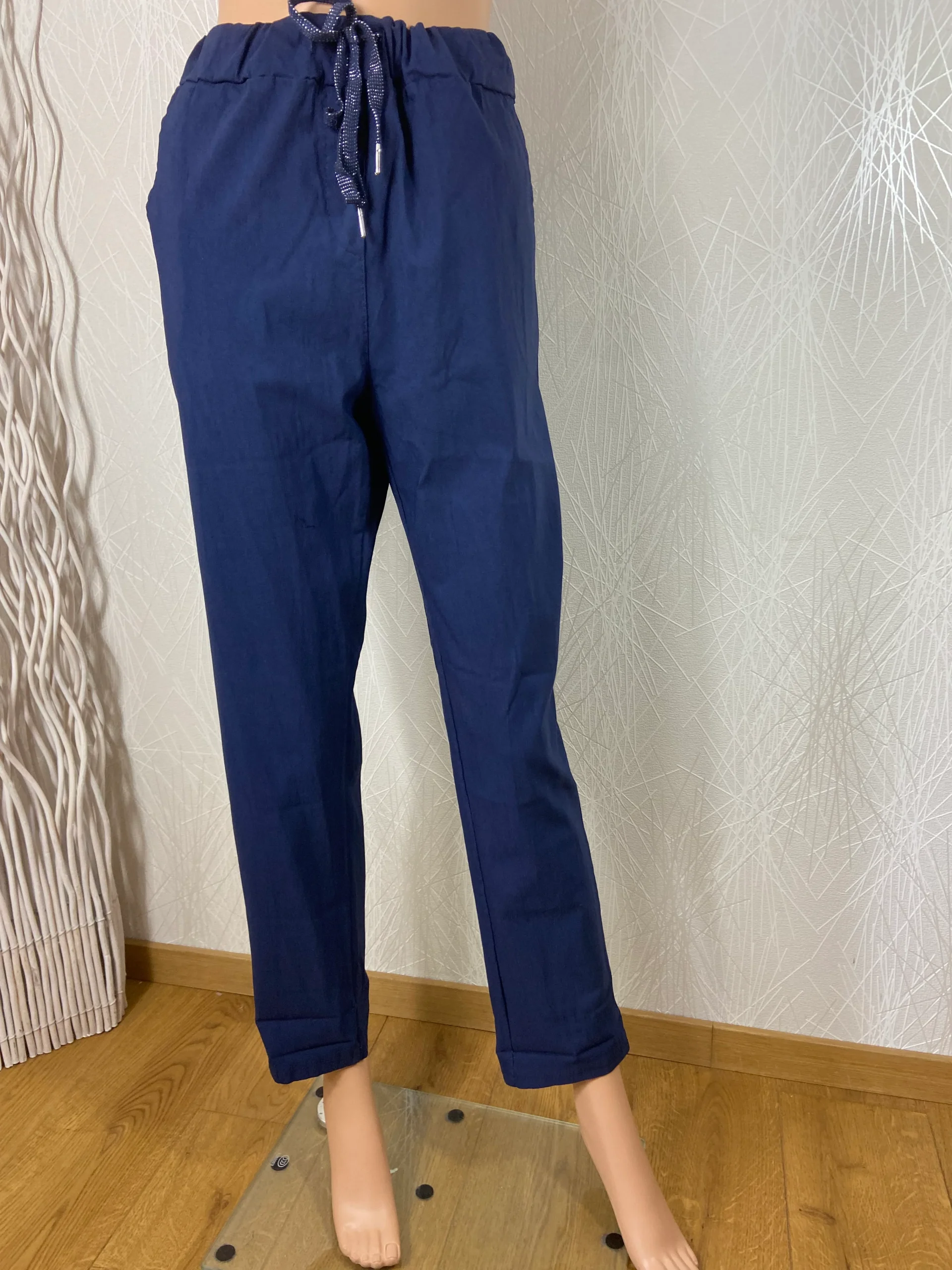 Pantalon bleu taille haute élastique avec cordon New Collection – Image 2