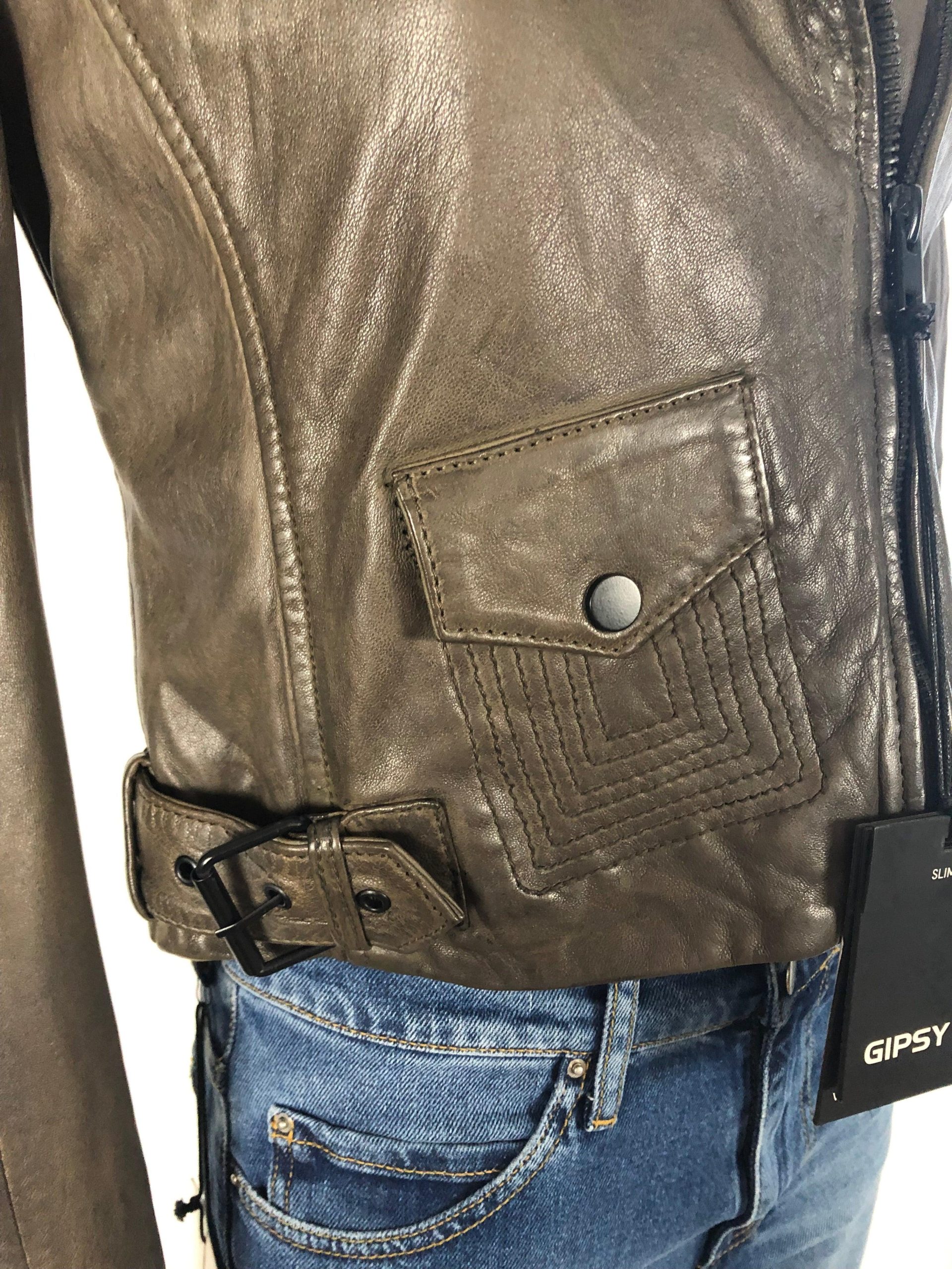 Blouson cuir brun kaki doublé femme style motard Gipsy – Image 5