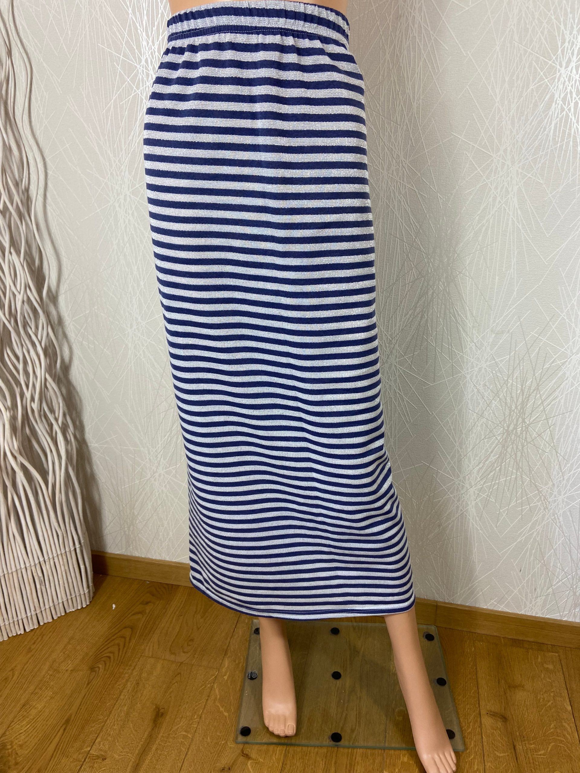 Jupe longue bleu marine rayures argentées taille haute élastique grande taille Edmond Boublil – Image 2