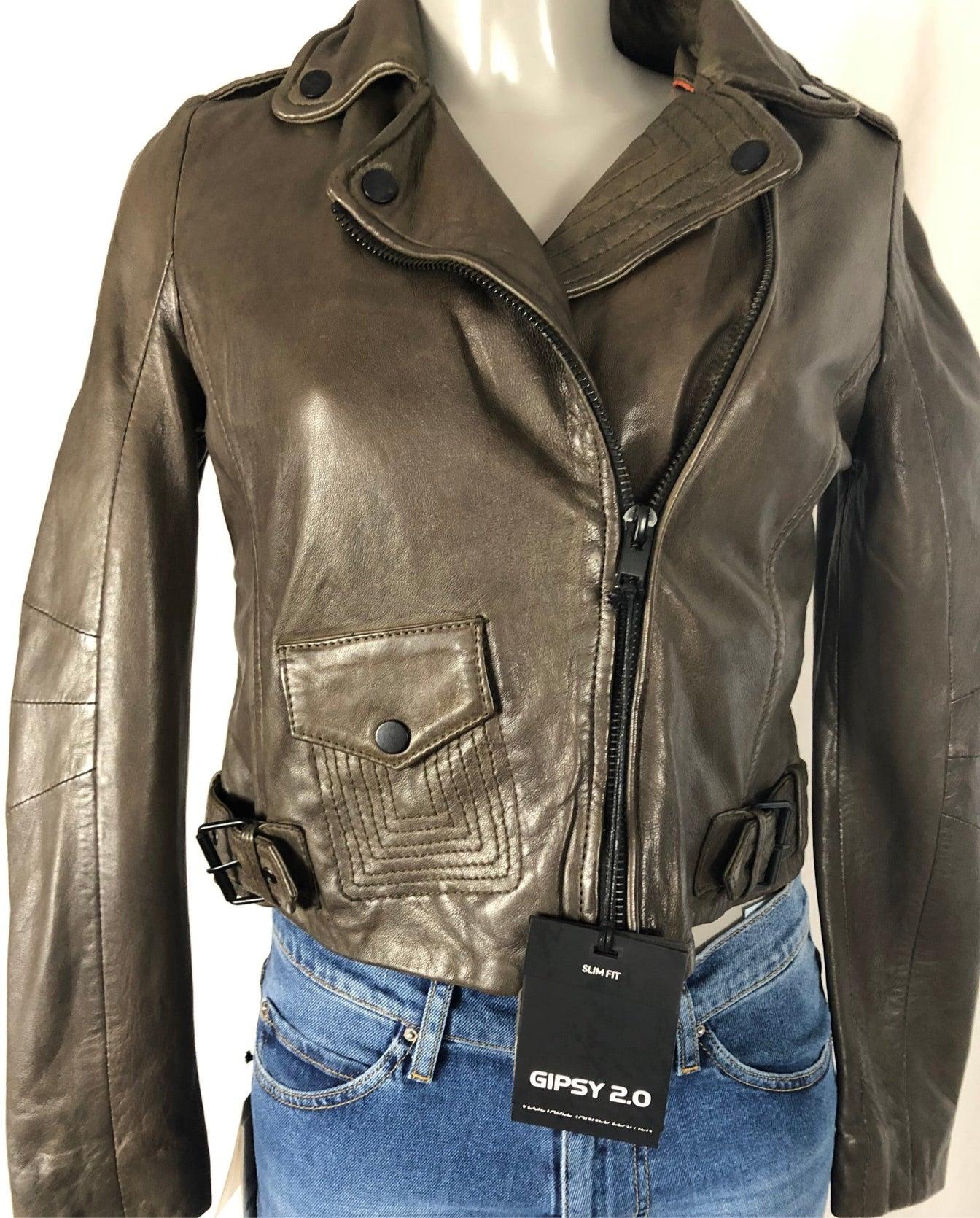 Blouson cuir brun kaki doublé femme style motard Gipsy
